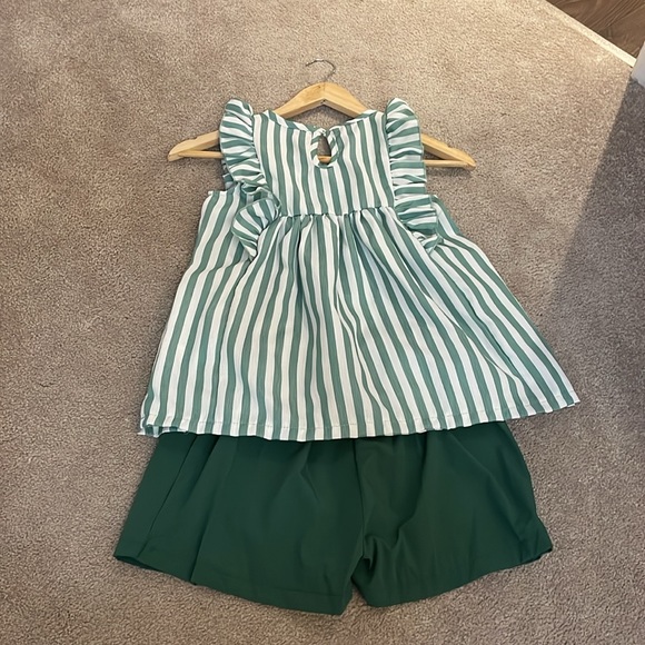 White & Green Stripe Ruffle Babydoll Tank & Green Shorts - Picture 7 of 9